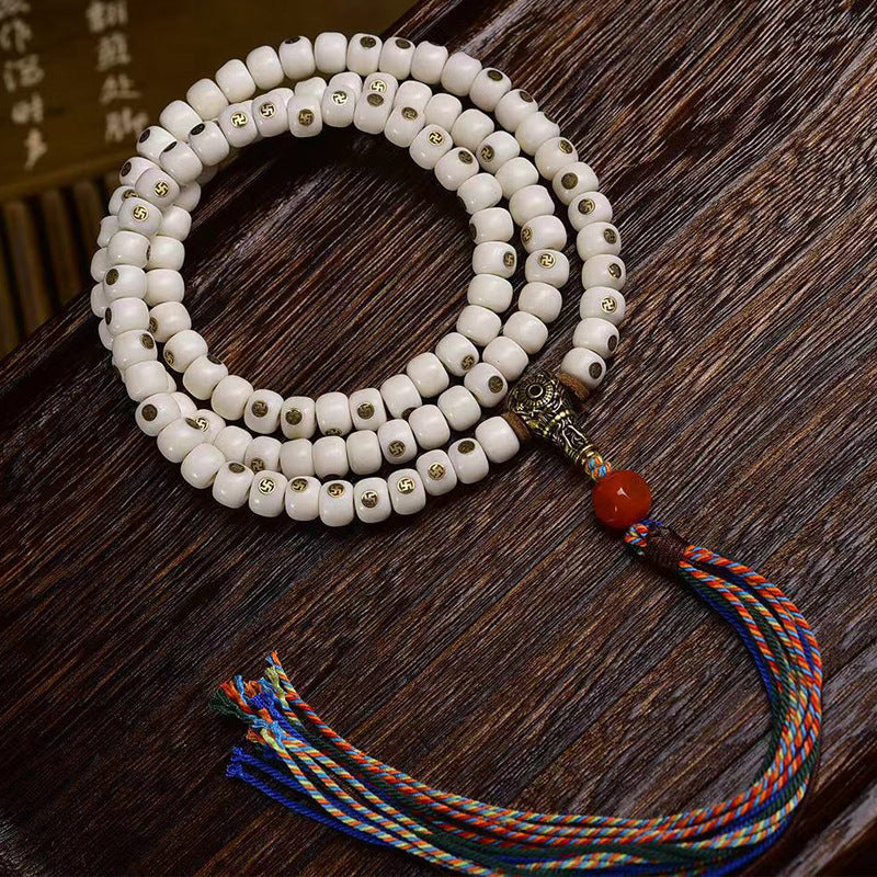 EverestArtstudios Natural Yak Bone Antique Copper Auspicious Wan 108-Bead Mala