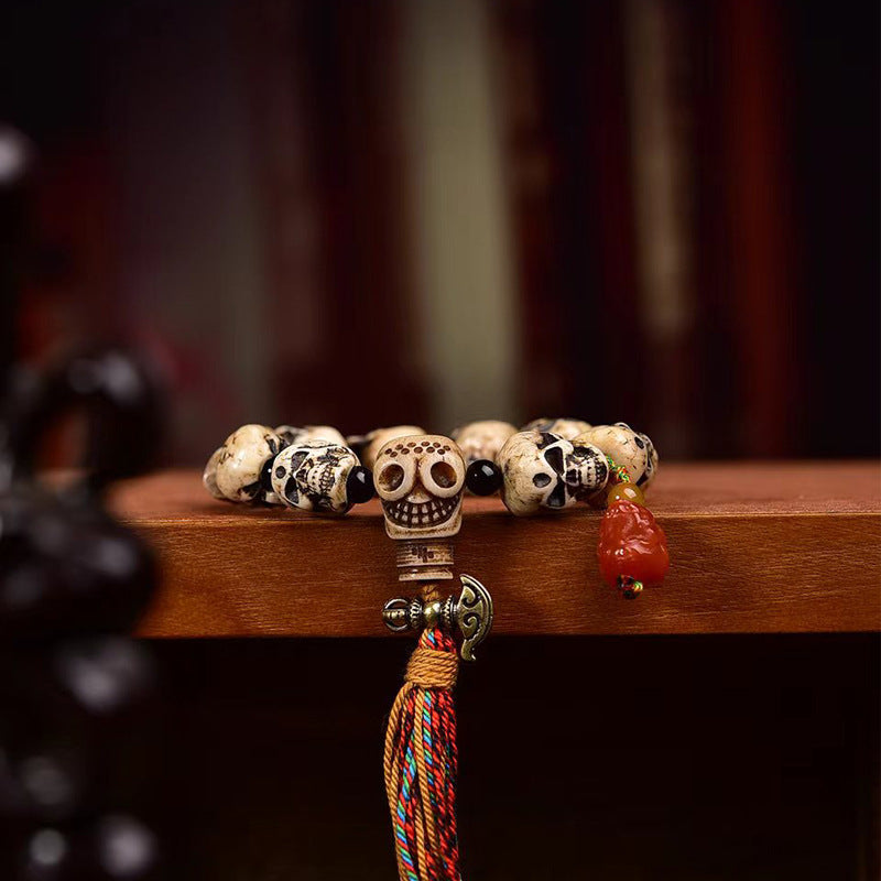EverestArtstudios Camel Bone Sculpted Skull Bead Bracelet