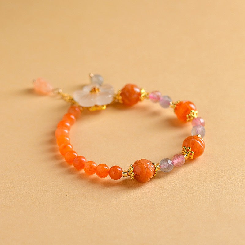 EverestArtstudios Golden Silk Jade Lotus Bead Luck Floral Charm Bracelet
