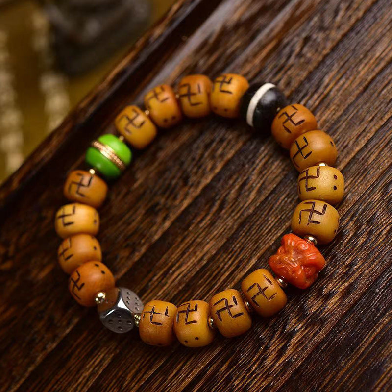 EverestArtstudios Bone Auspicious Symbol Barrel Bead Bracelet
