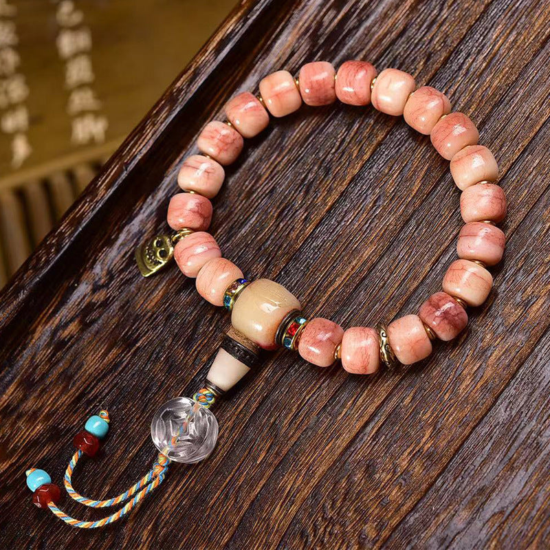 EverestArtstudios Camel Bone Blush Barrel Bead Crystal Accent Bracelet