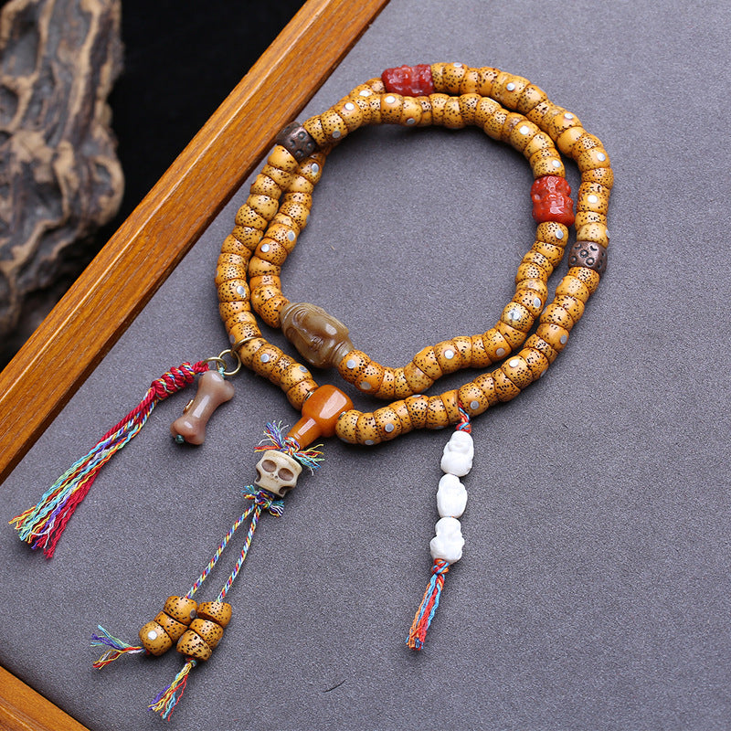 Tibetan Wenwan Xingyue Bodhi Son 108 Buddha Beads, Rosary Beads, Old Material Yak Bone Tee Red Agate Accessories