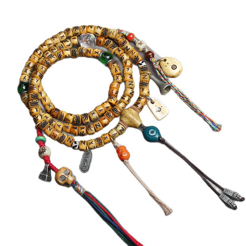 EverestArtstudios Carved Yak Bone 108-Bead Mala with Camel Bone, Glass and Agate Accents