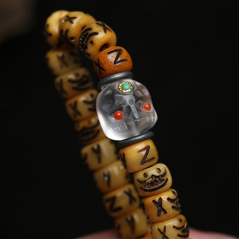 EverestArtstudios Carved Yak Bone 108-Bead Mala with Camel Bone, Glass and Agate Accents