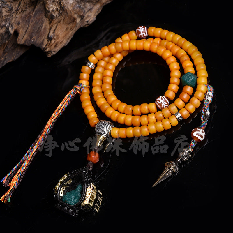 EverestArtstudios Natural Golden-Yellow Camel Bone 108-Bead Tibetan Mala with Tassel