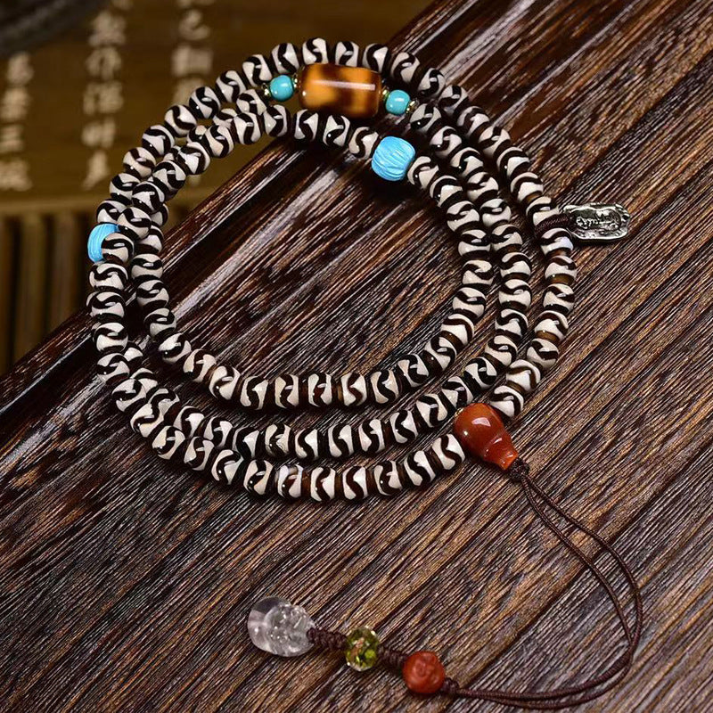 EverestArtstudios Natural Agate Tiger-Tooth Dzi 108-Bead Mala with Red Agate and Clear Quartz
