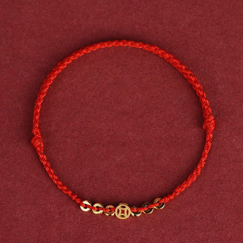 Buddha Stones Braided Red String Round Chinese Coin Good Fortune Bracelet