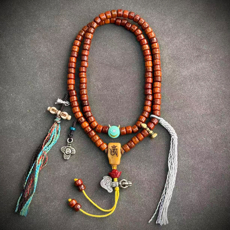 EverestArtstudios Tibetan Vintage Yak Bone 108-Bead Mala with Agate and Glass Accents