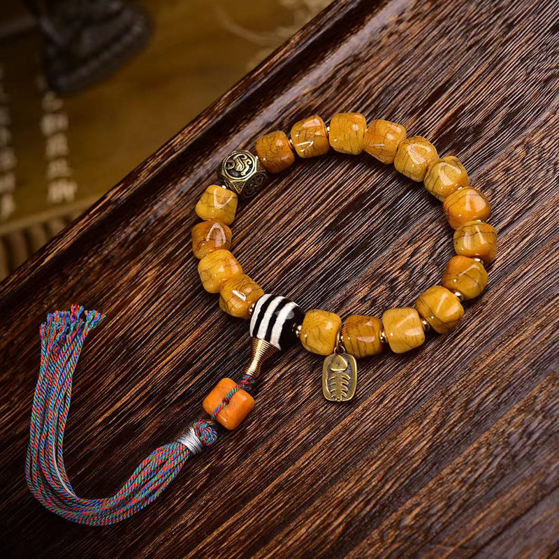 EverestArtstudios Camel Bone Carved Seed-Pattern Tassel Bracelet