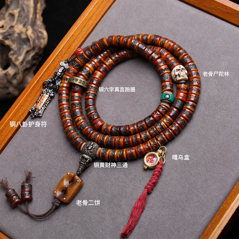 EverestArtstudios Yak Bone 108-Bead Mala with Wealth Deity and Mantra Motifs