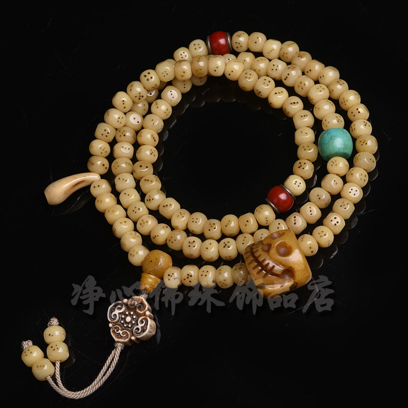 EverestArtstudios Natural Golden-Yellow Camel Bone 108-Bead Mala with Carved Dice