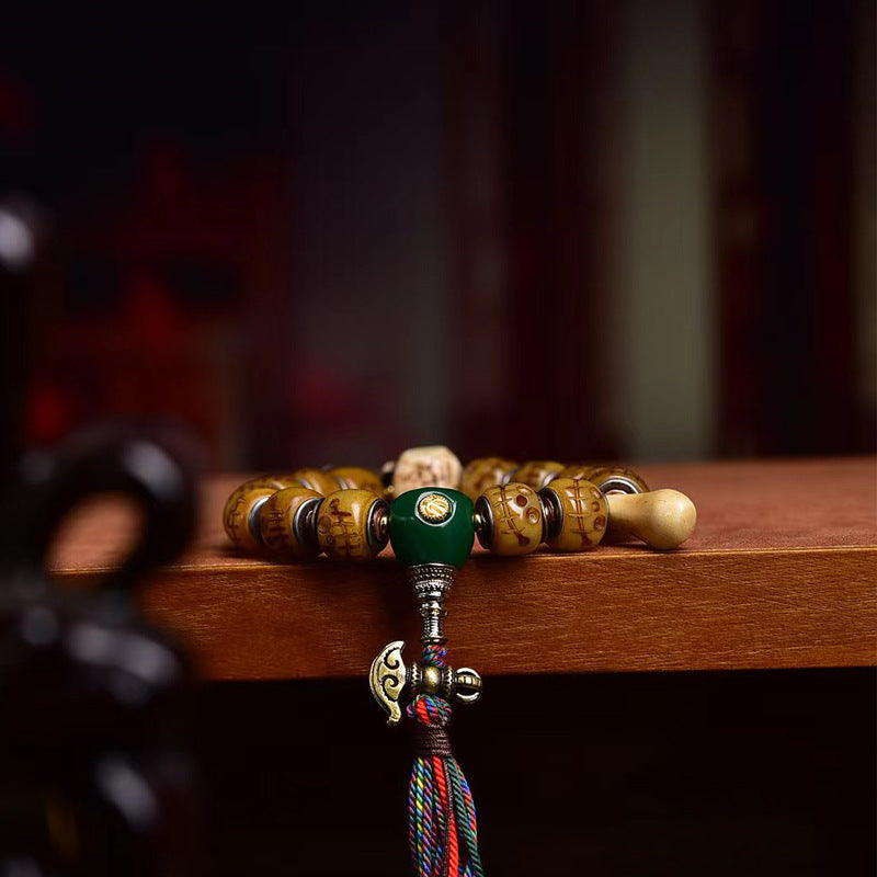 EverestArtstudios Camel Bone Carved Skull Motif Tassel Bracelet
