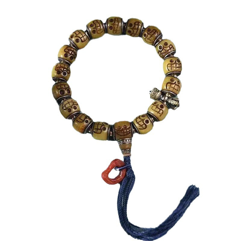 EverestArtstudios Camel Bone Copper Inlay Carved Bead Bracelet