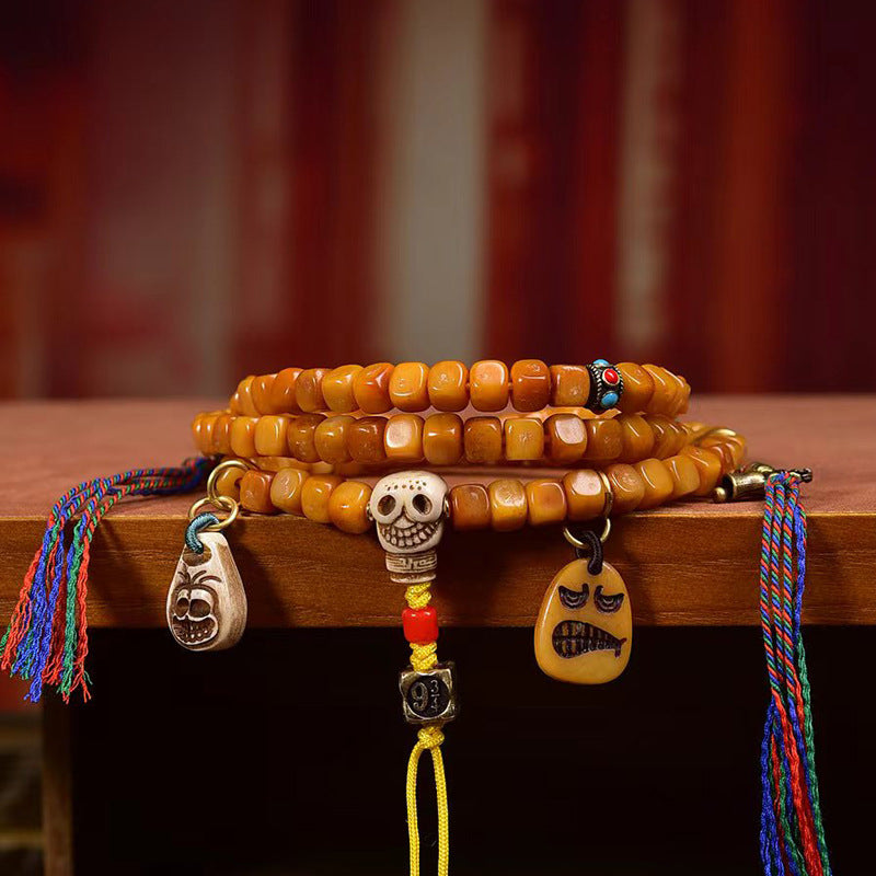 EverestArtstudios Tibetan Vintage Bone Carved Square-Bead 108-Bead Mala