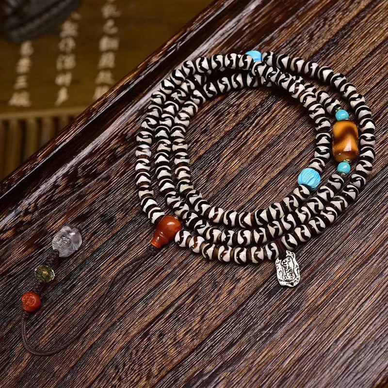 EverestArtstudios Natural Agate Tiger-Tooth Dzi 108-Bead Mala with Red Agate and Clear Quartz