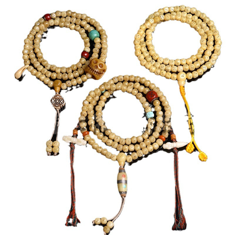 EverestArtstudios Natural Golden-Yellow Camel Bone 108-Bead Mala with Carved Dice