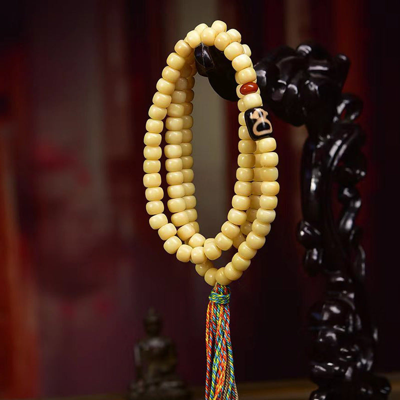 EverestArtstudios Natural Yak Bone Barrel-Bead 108-Bead Mala with Glass and Agate Accents