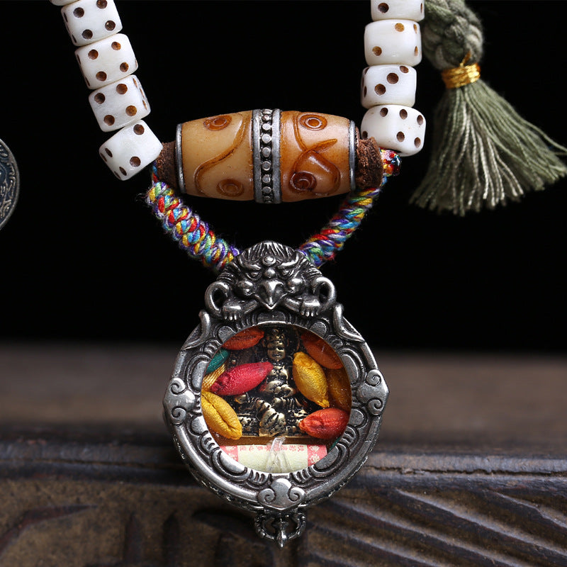 Tibetan return bone carving dice 108 Buddha beads Gawu box yellow God of Wealth pendant old bone inlaid dzi beads accessories