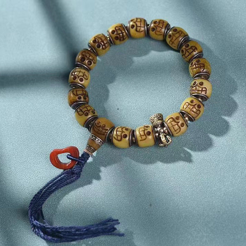 EverestArtstudios Camel Bone Copper Inlay Carved Bead Bracelet