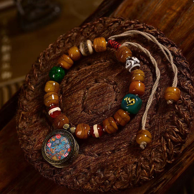 EverestArtstudios Camel Bone Barrel Bead Green Tara Charm Bracelet