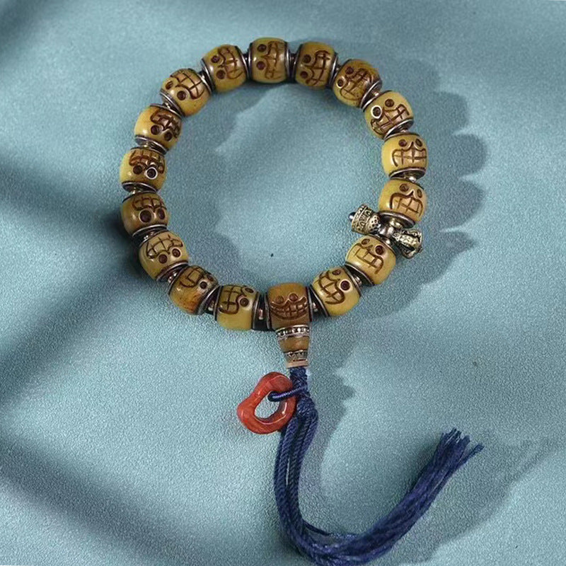 EverestArtstudios Camel Bone Copper Inlay Carved Bead Bracelet