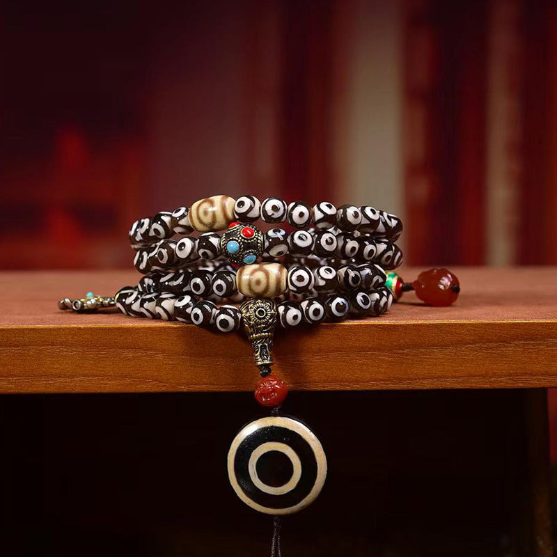 EverestArtstudios Natural Three-Eye Dzi and Red Agate 108-Bead Tibetan Mala