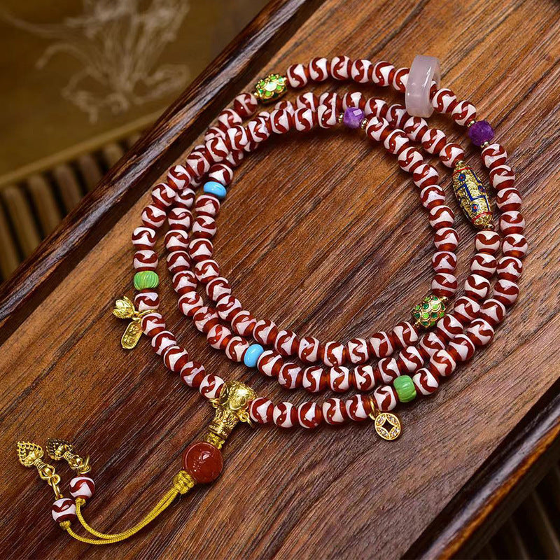 EverestArtstudios Natural Tiger-Tooth Dzi and Amethyst 108-Bead Tibetan Mala