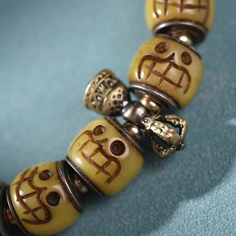 EverestArtstudios Camel Bone Copper Inlay Carved Bead Bracelet