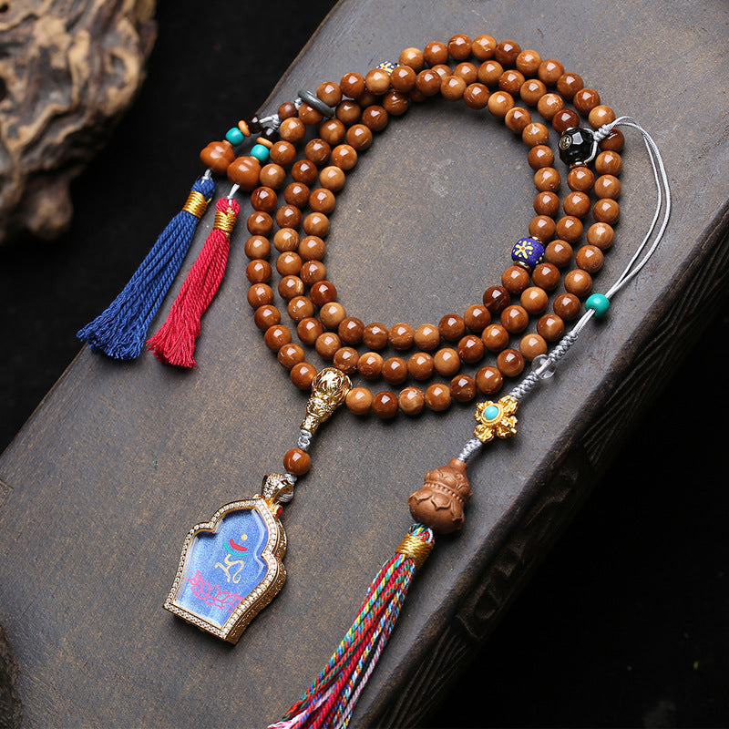 EverestArtstudios Medicine Buddha Symbol 108-Bead Mala with Brown Beads and Colorful Tassels