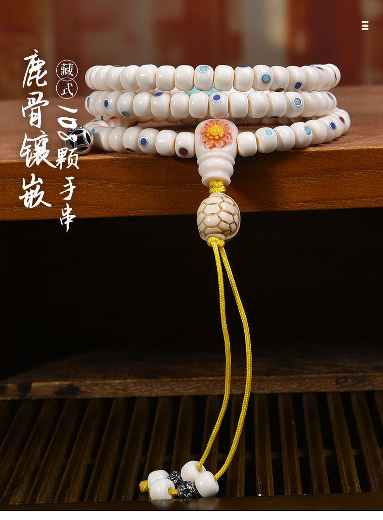 EverestArtstudios Deer Bone Inlaid Mala Wrap Bracelet