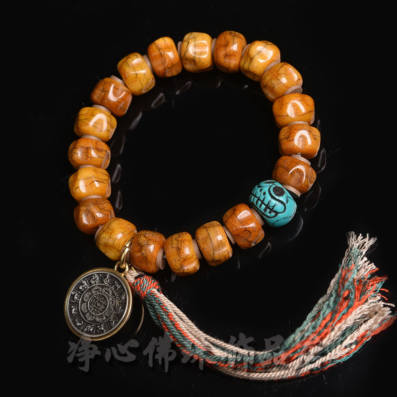 EverestArtstudios Camel Bone Carved Seed-Pattern Gourd Charm Bracelet