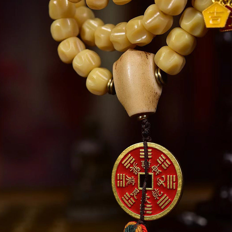 EverestArtstudios Natural Carved Deer Bone and Meteorite Passion Seed 108-Bead Mala with Mountain Ghost Coin