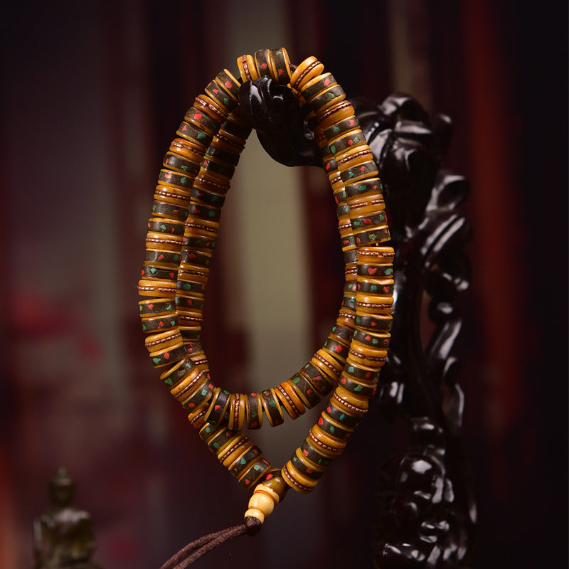 EverestArtstudios Aged Tibetan Yak Bone Inlaid Multi-Treasure 108-Bead DIY Strand
