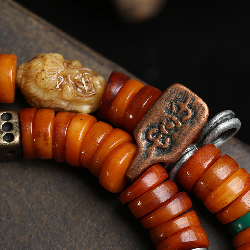 EverestArtstudios Bone 108-Bead Mala with Carved and Metal-Tone Accents