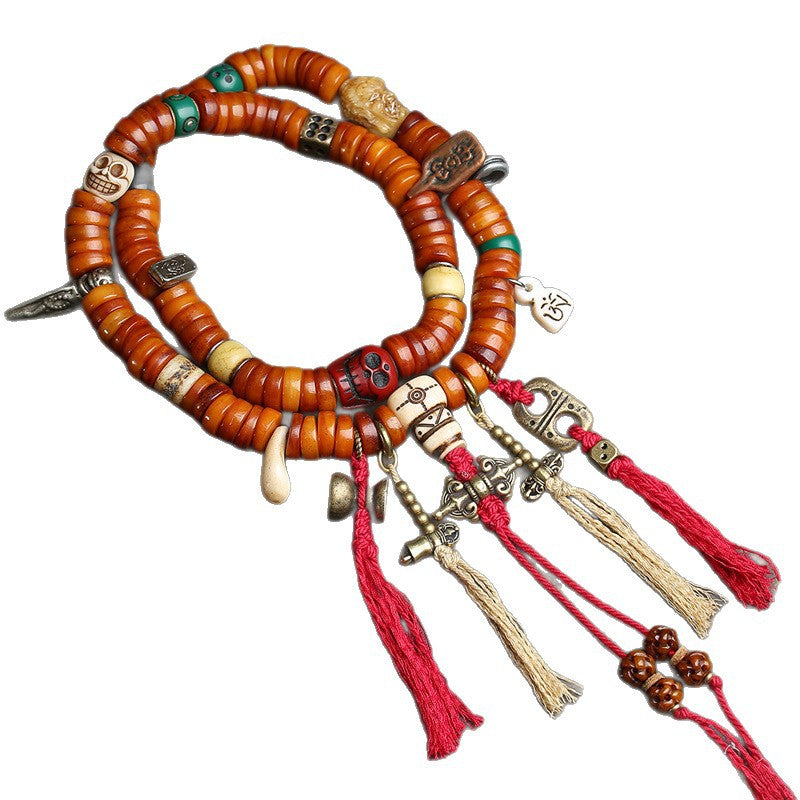 EverestArtstudios Bone 108-Bead Mala with Carved and Metal-Tone Accents