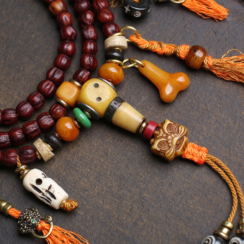 EverestArtstudios Cut Bodhi Seed 108-Bead Mala with Pixiu and Vajra Motif Charms