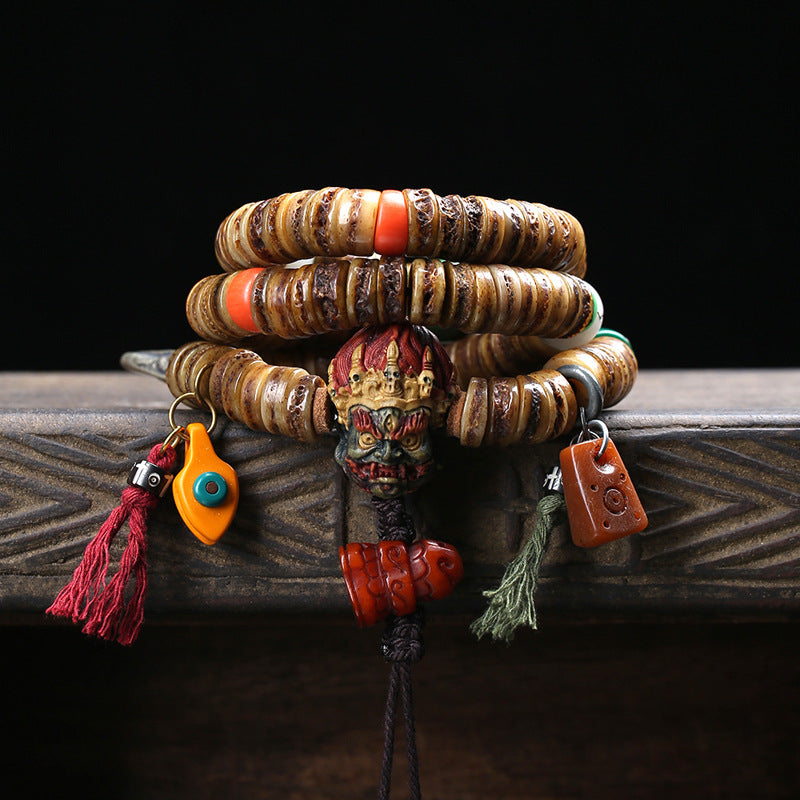 EverestArtstudios Camel Bone 108-Bead Mala with Carved Mahakala-Inspired Accent