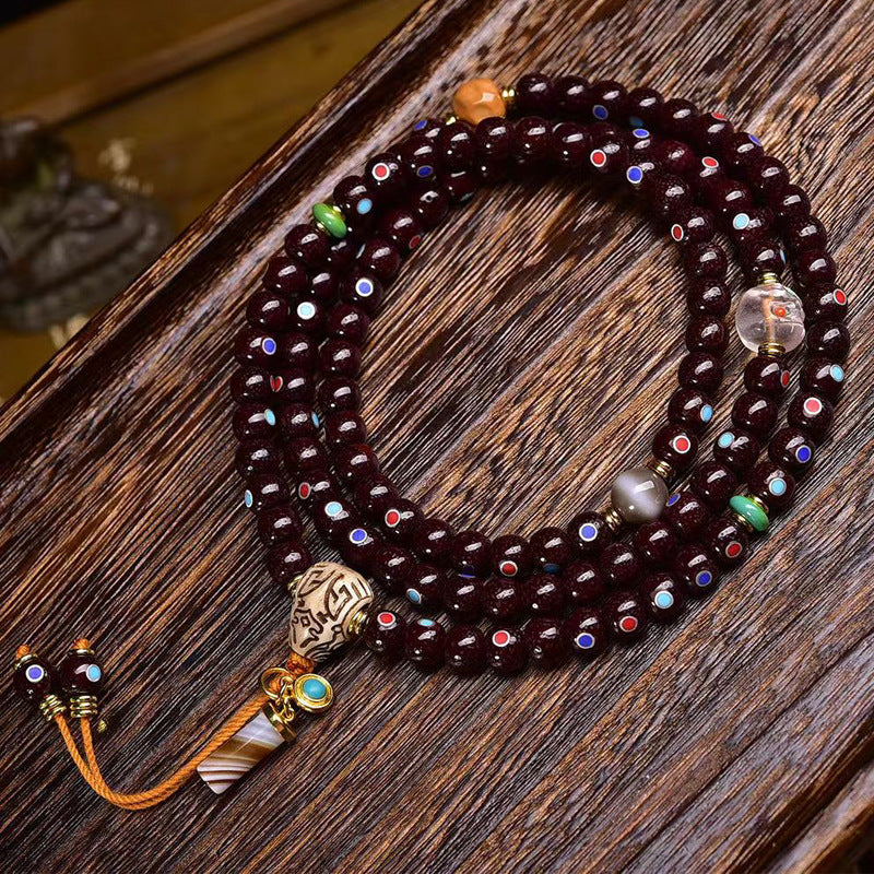 EverestArtstudios Natural Cinnabar-Finished Inlaid Xingyue Bodhi 108-Bead Mala