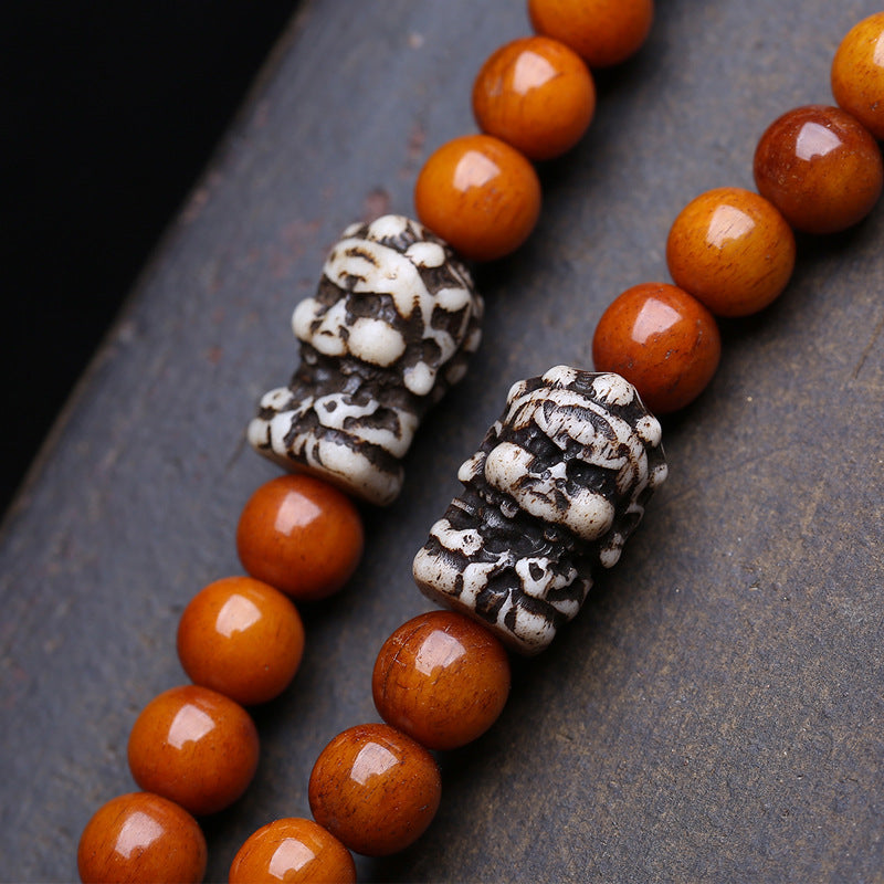 108 Buddhist beads, rosary beads, round beads engraved with yellow God of Wealth pendant and glazed yak bone accessories.