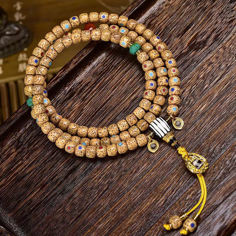 EverestArtstudios Natural Crackled Xingyue Bodhi Turquoise Agate Dzi 108-Bead Mala