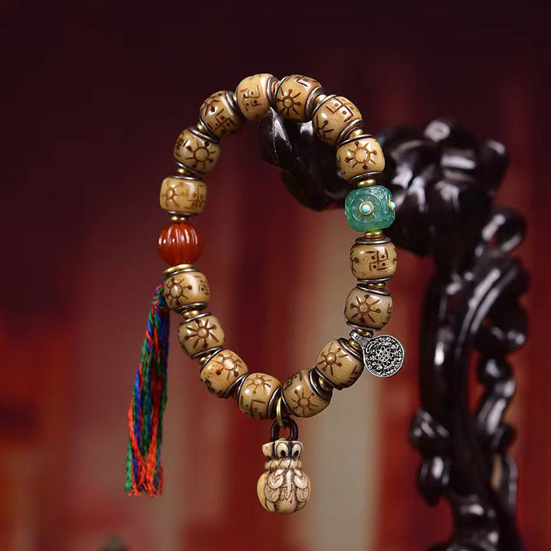 EverestArtstudios Bone Engraved Barrel Bead Inlay Bracelet