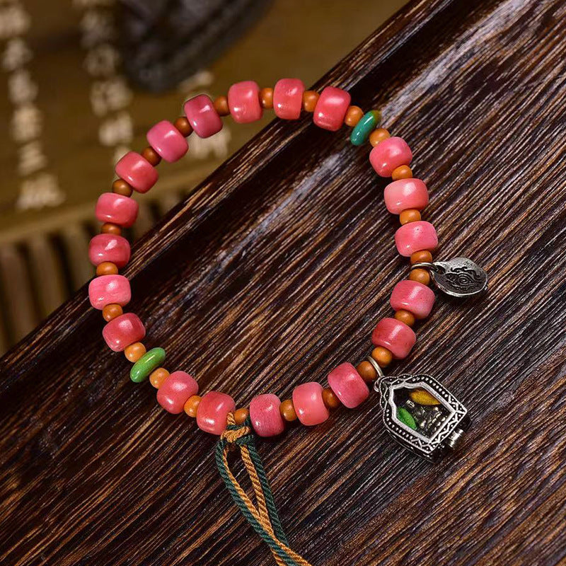 EverestArtstudios Camel Bone Crimson Barrel Bead Agate Bracelet