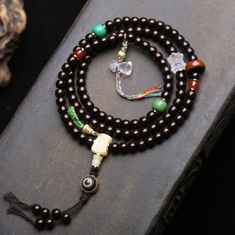 EverestArtstudios Coconut Barrel-Bead Mala with Agate and Crystal Lotus Accents
