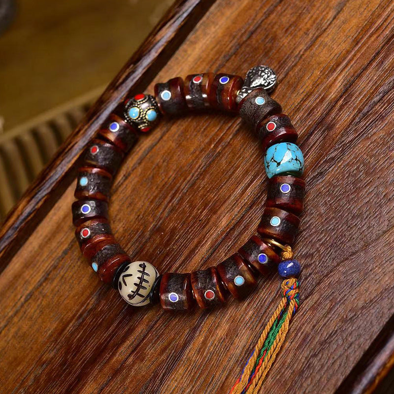 EverestArtstudios Yak Bone Multicolor Inlay Barrel Bead Bracelet