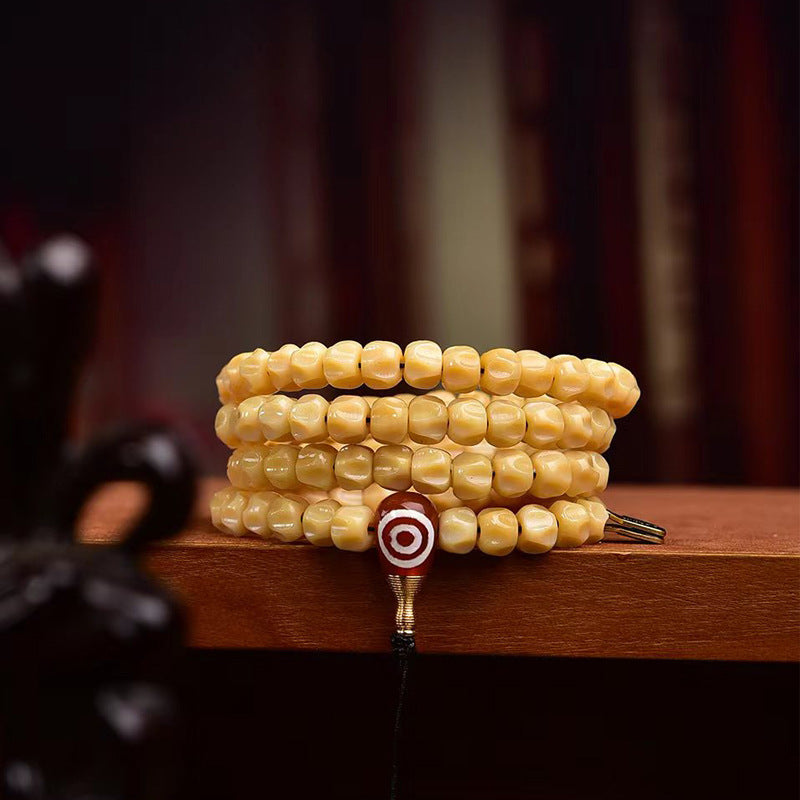EverestArtstudios Natural Carved Deer Bone and Passion Seed 108-Bead Mala