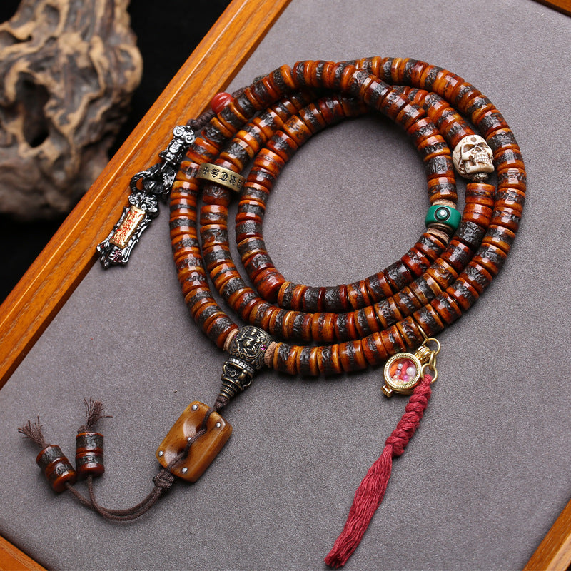 EverestArtstudios Yak Bone 108-Bead Mala with Wealth Deity and Mantra Motifs