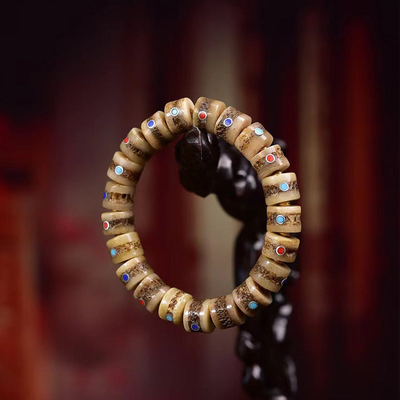 EverestArtstudios Bone Multicolor Inlay Barrel Bead Bracelet