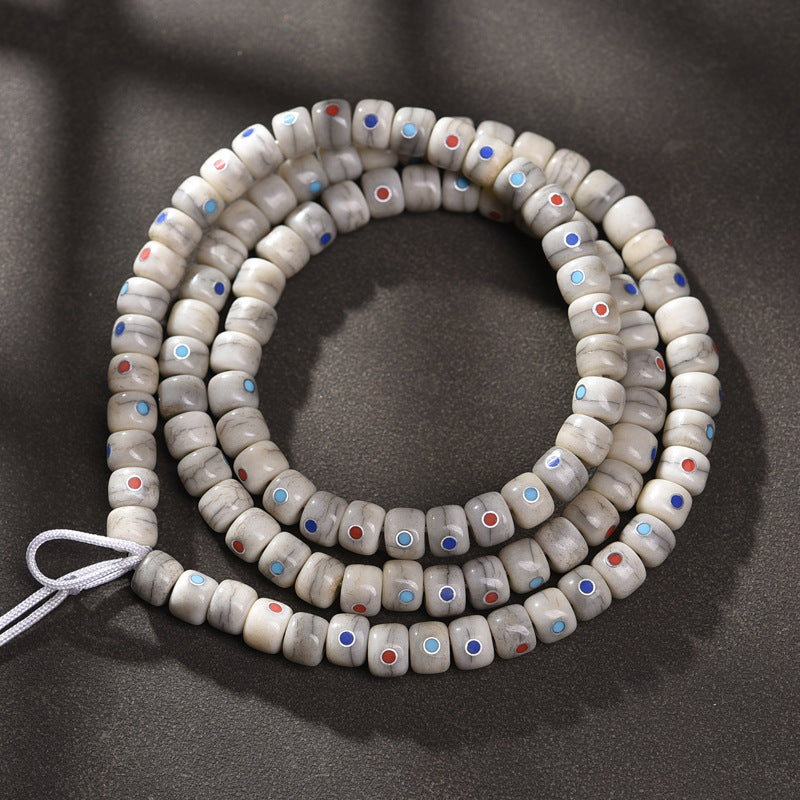 EverestArtstudios Aged Camel Bone Inlaid Multi-Treasure 108-Bead DIY Strand