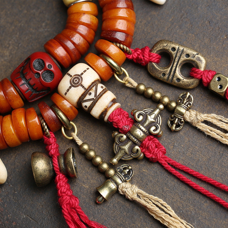 EverestArtstudios Bone 108-Bead Mala with Carved and Metal-Tone Accents