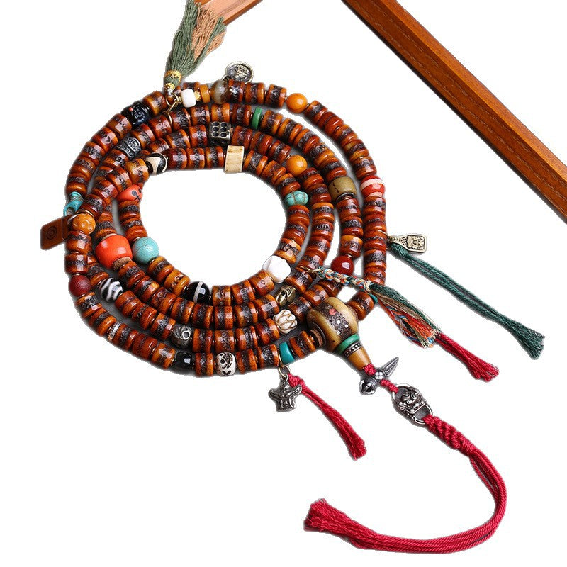 EverestArtstudios Yak Bone 108-Bead Mala with Agate and Turquoise Accents